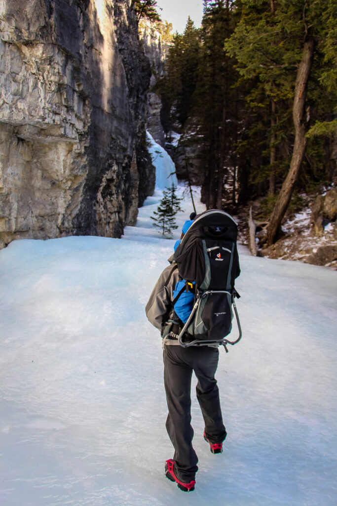 Dan Brewer, of the Baby Can Travel blog, wears Kahtoola MicroSpikes while on an ice walk in Canada.