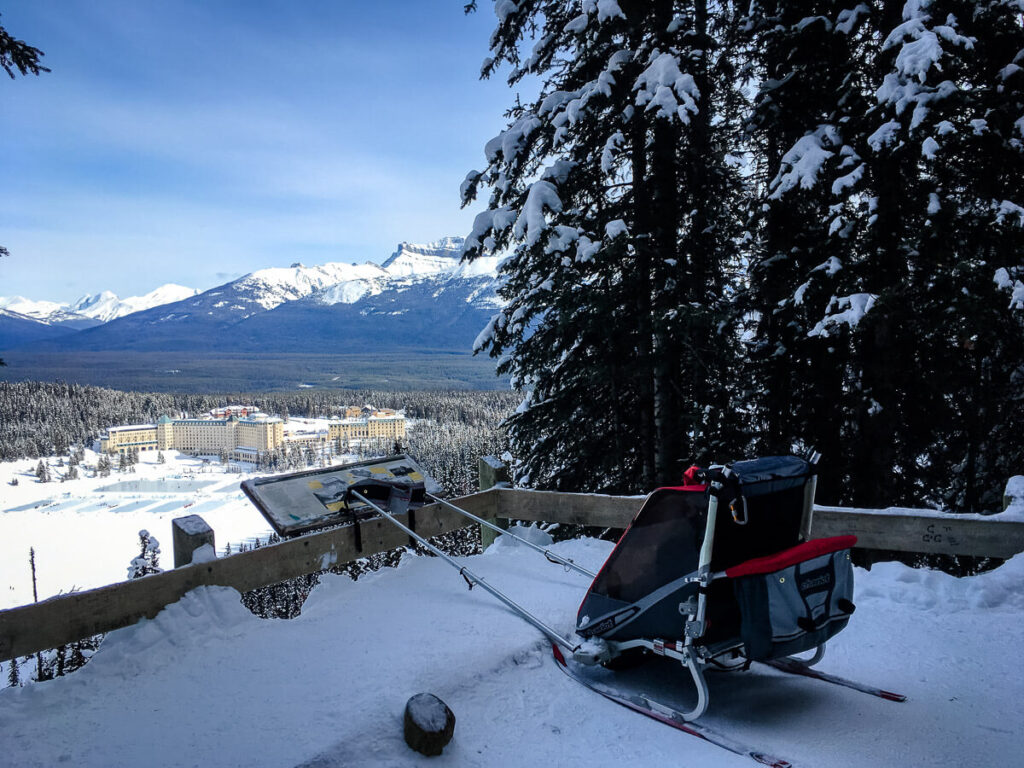 have a great time cross country skiing with baby or toddler in Banff National Park.