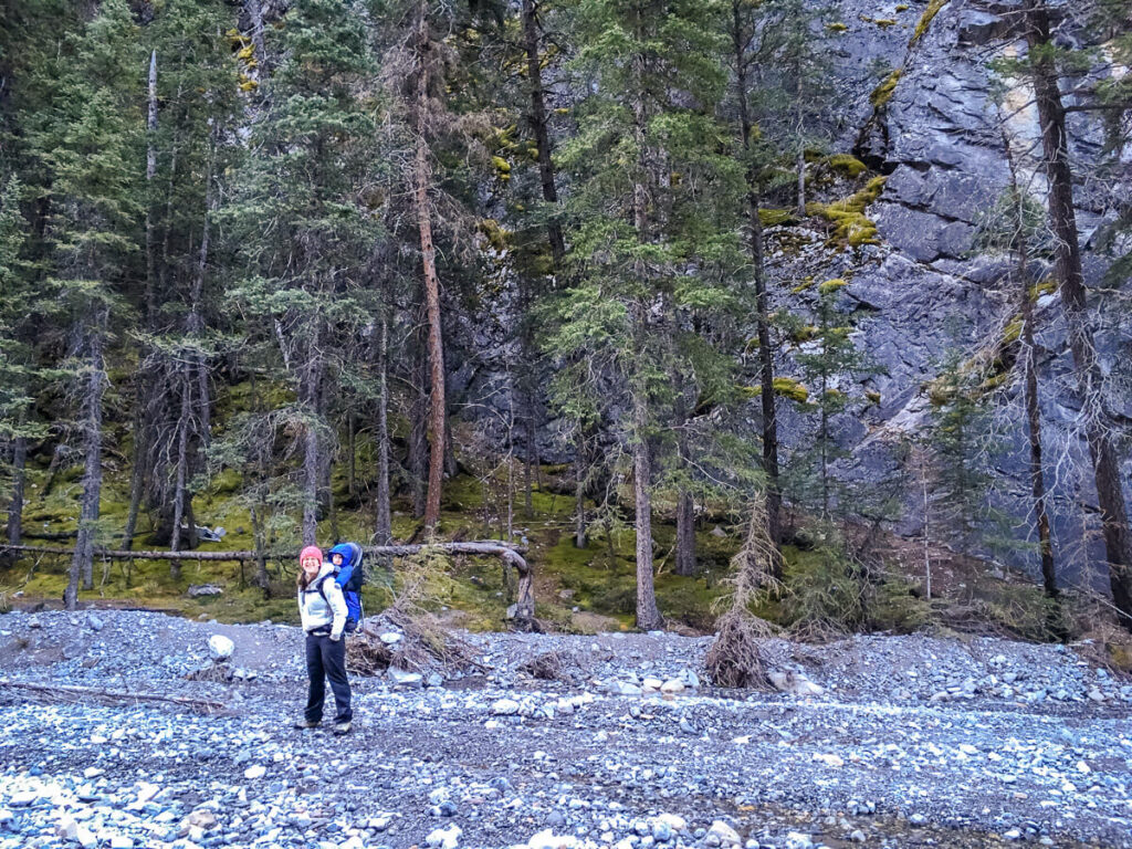 Celine Brewer, owner of the Baby Can Travel blog, goes for a winter hike with her baby.