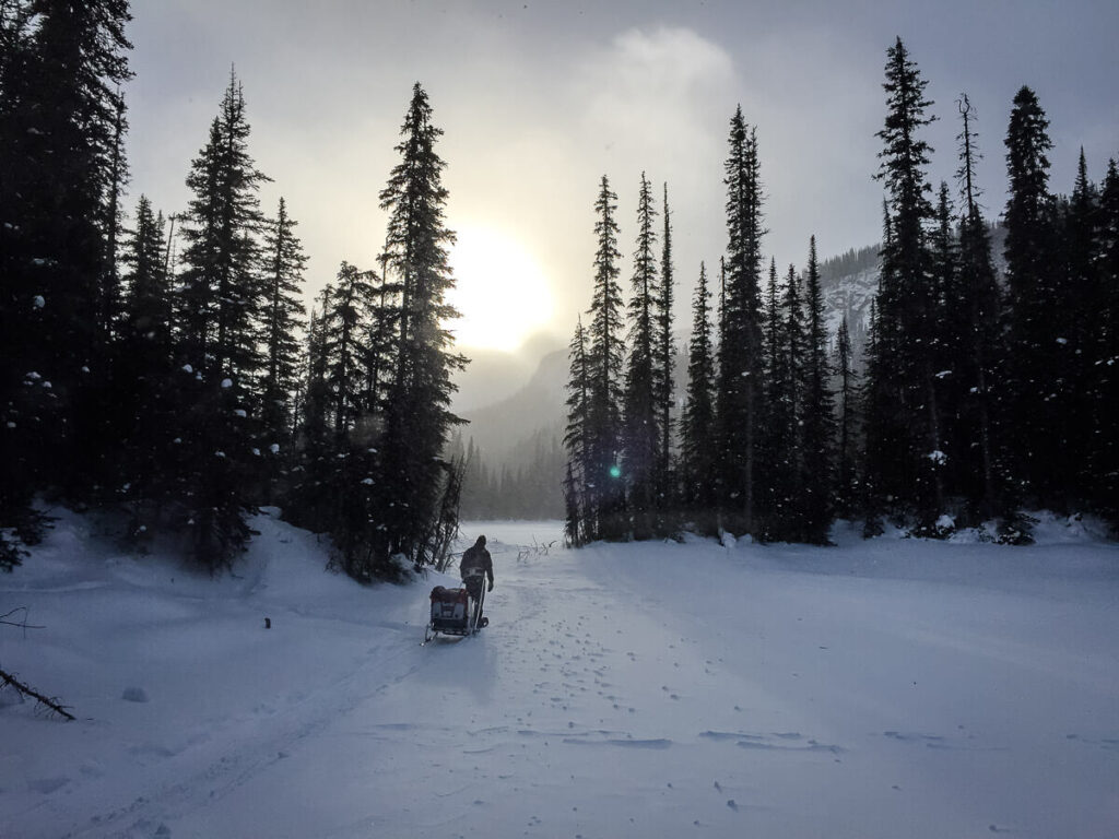 Dan Brewer goes snowshoeing with a baby in thule chariot.