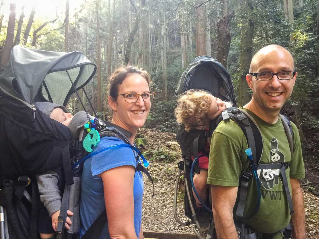 hiking with a baby in backpack carrier in Kyoto