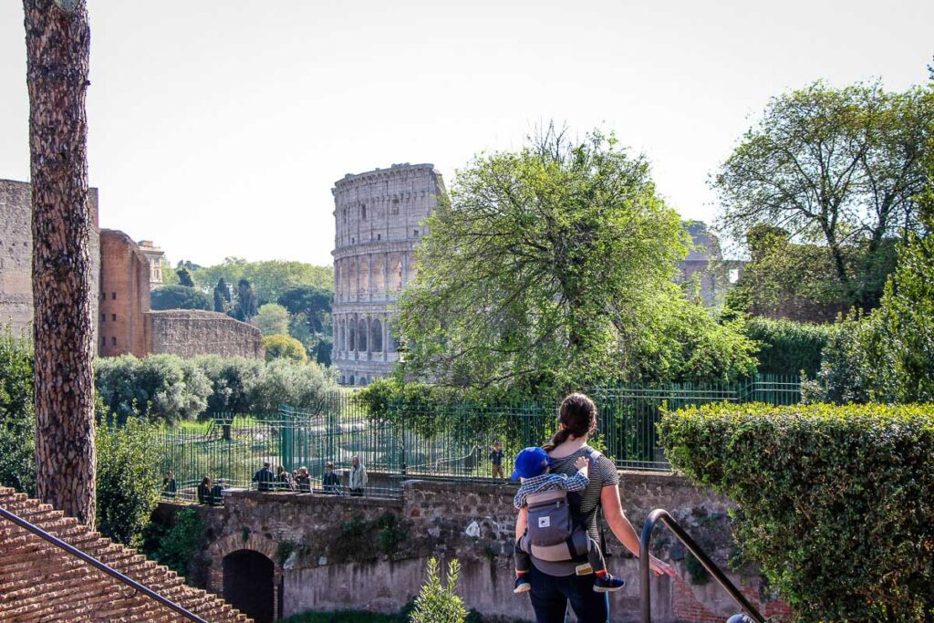 Celine Brewer goes sightseeing in Rome with her toddler in an Ergobaby carrier.