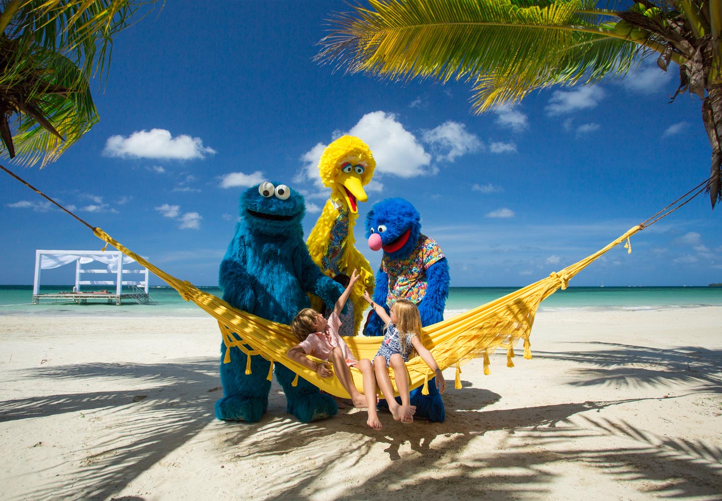 Cookie Monster, Big Bird and Grover visit with guests at Beaches Negril