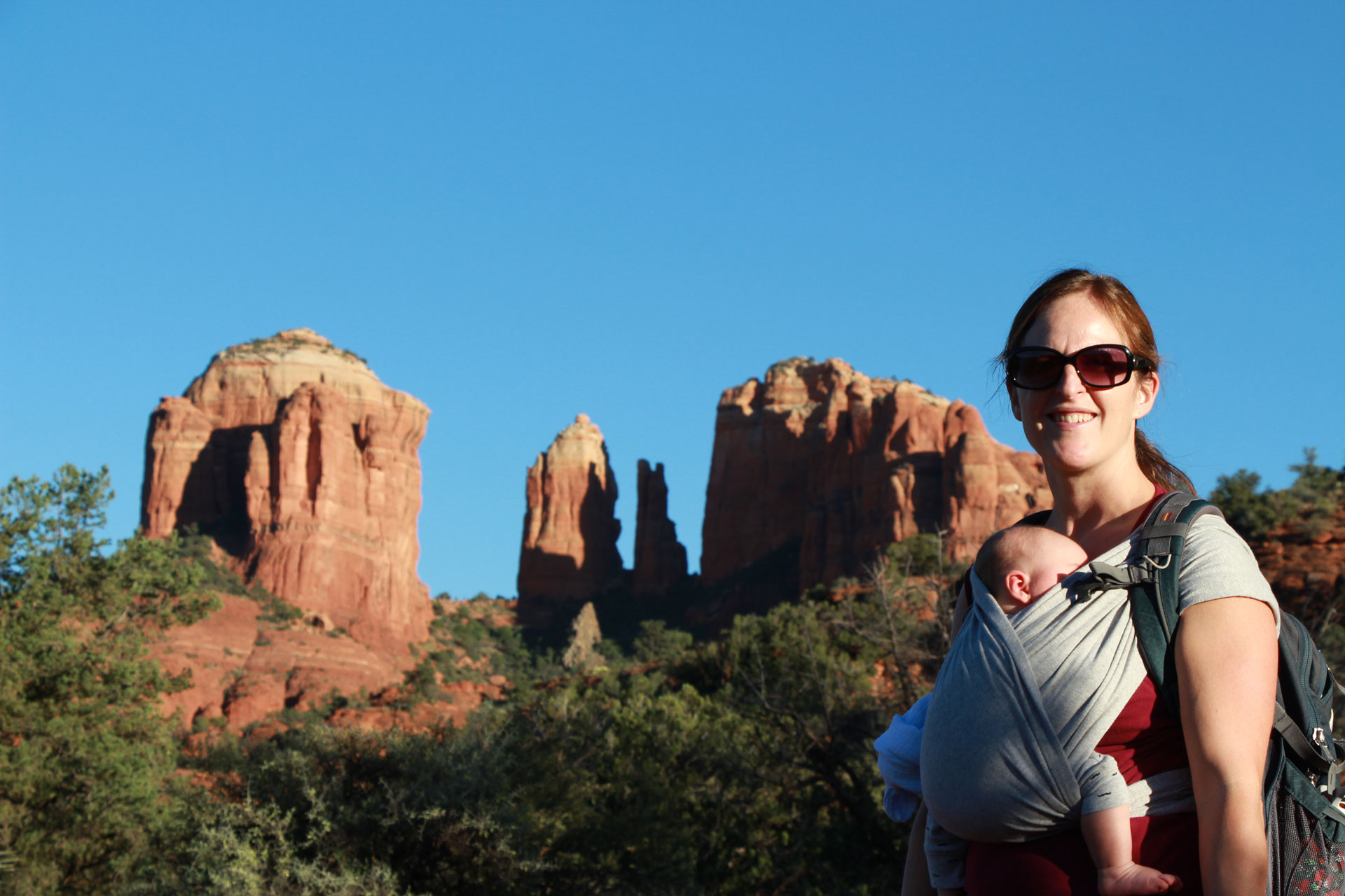 Celine Brewer, from the Baby Can Travel website, carries her infant son in a Baby K'tan carrier while on a family trip to Sedona, AZ.