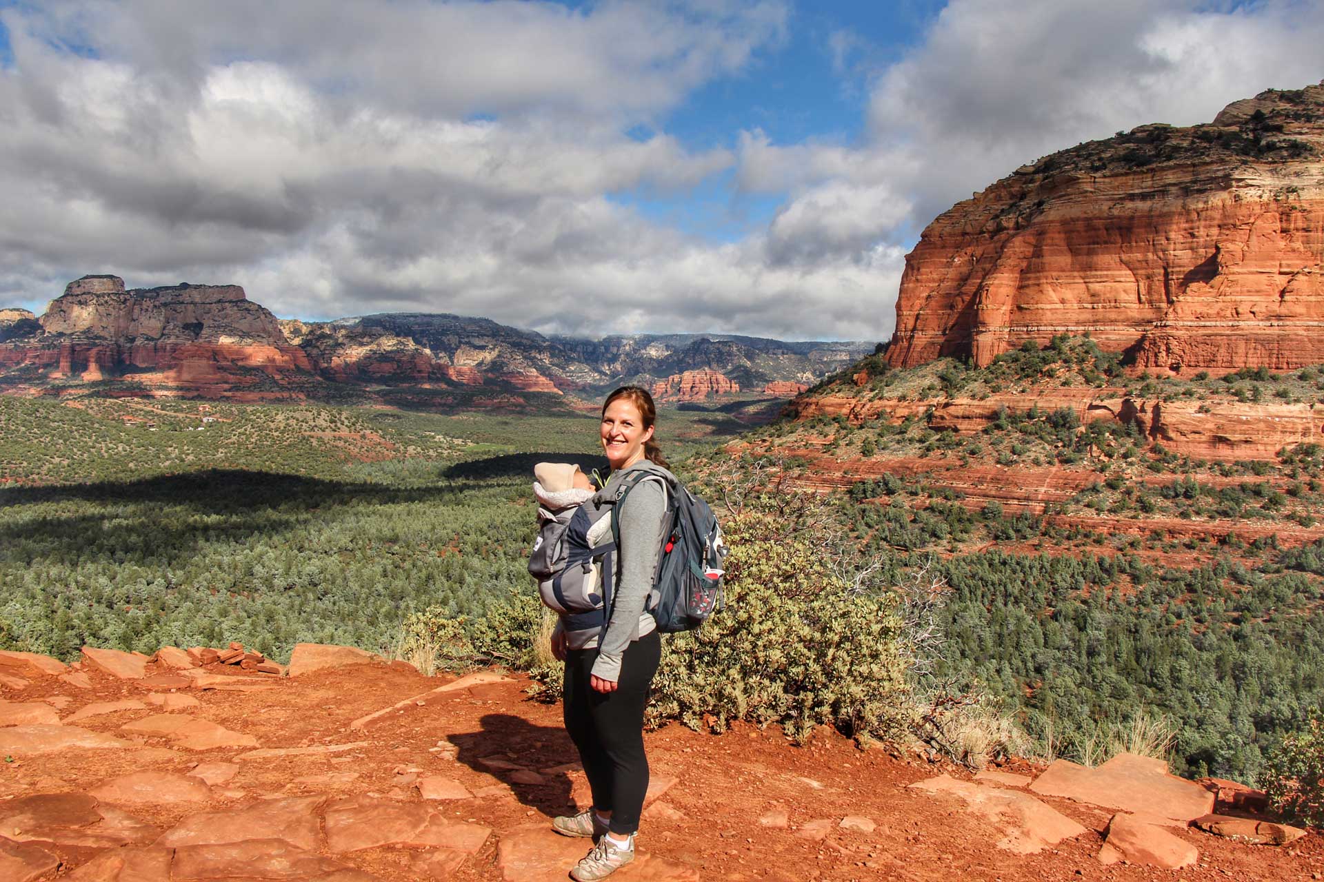 BabyCanTravel.com owner Celine Brewer carries her baby son in an Ergobaby carrier while on a family vacation to Sedona, AZ.