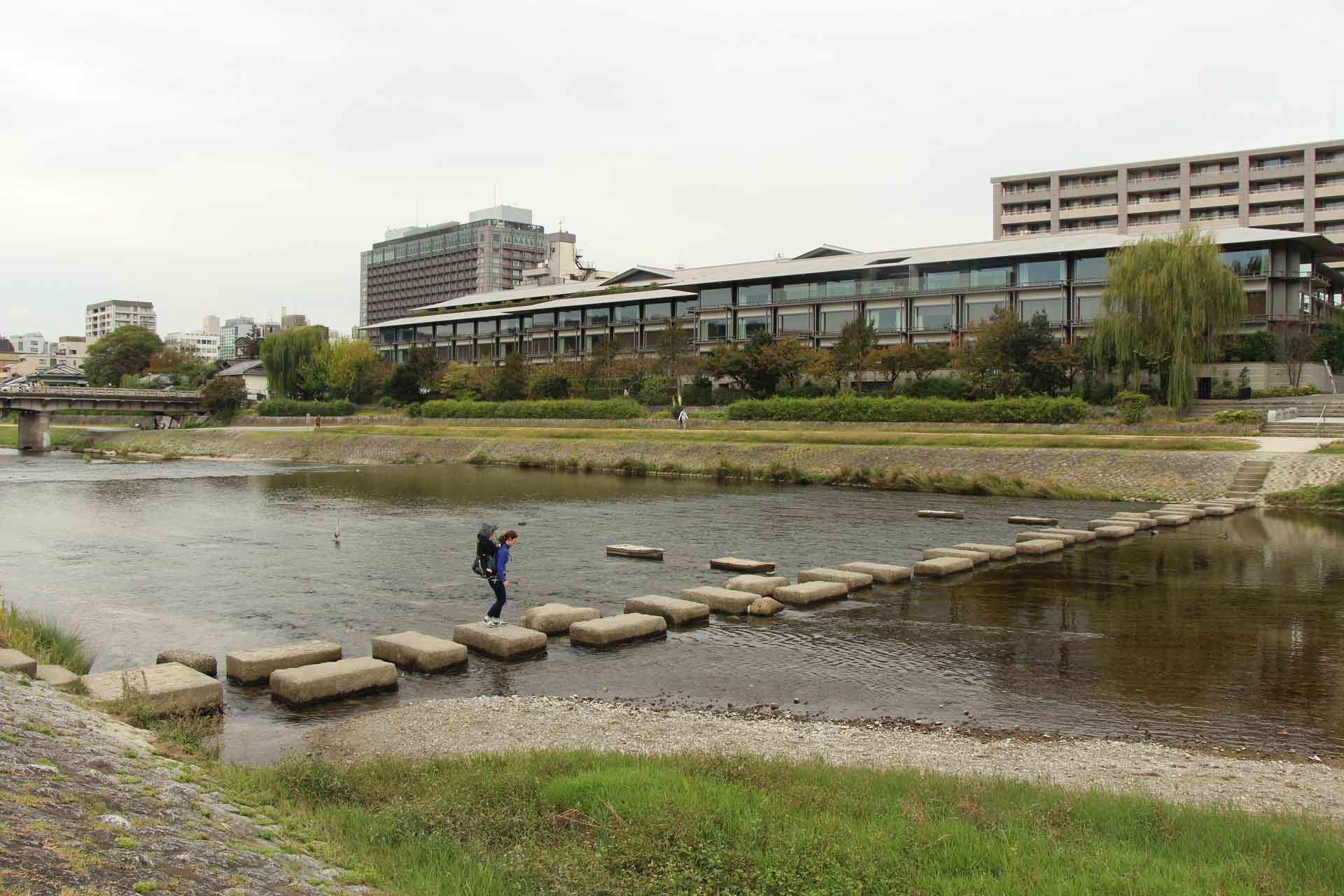 a stone bridge along the easy Kyoto walk near the Kamo River 