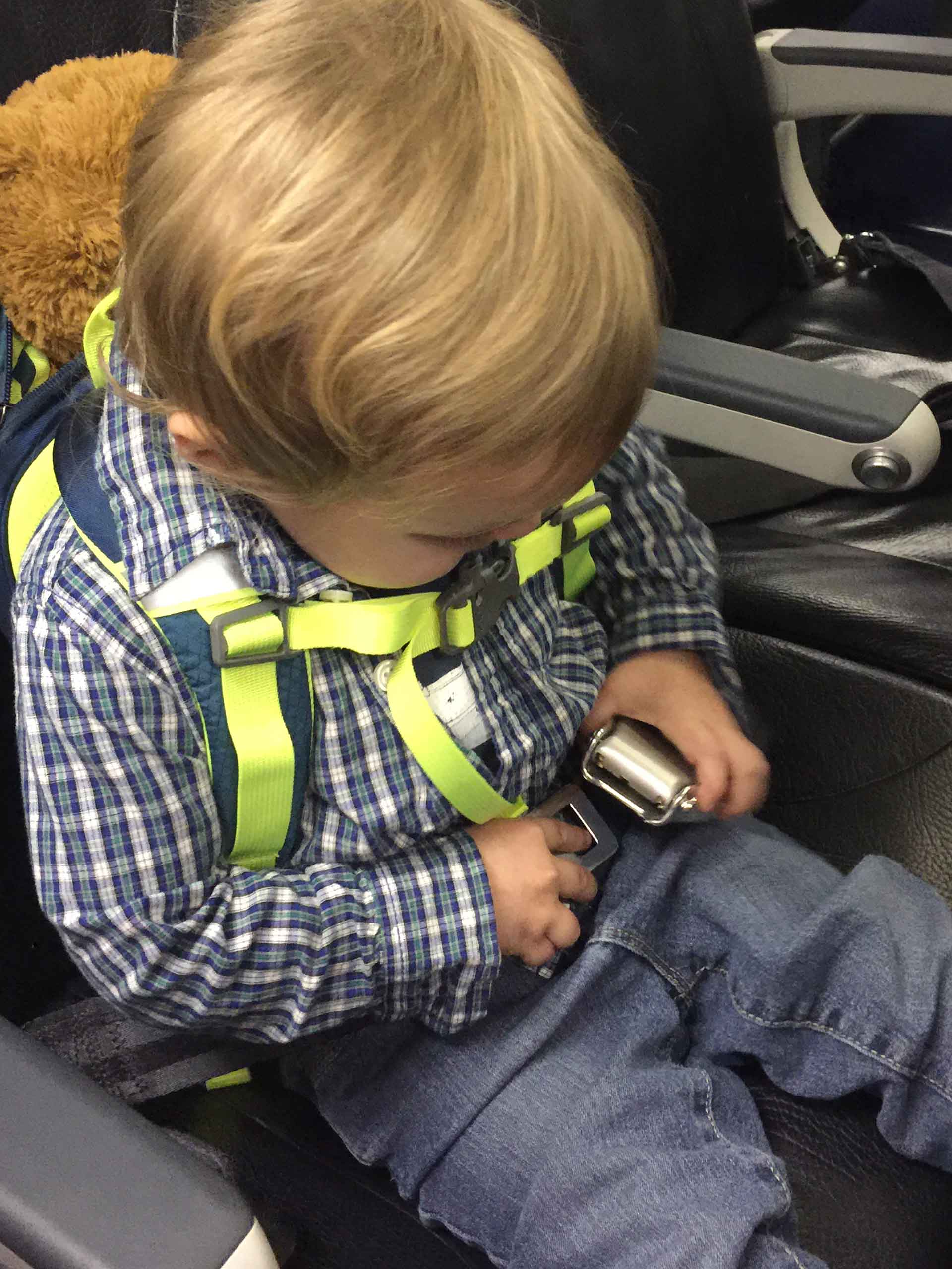 a toddler on an airplane tries to buckle his seatbelt.