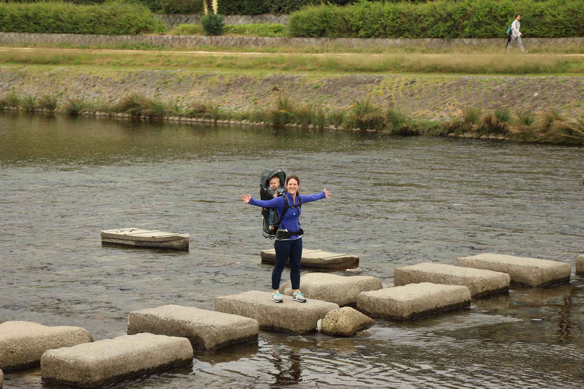 Kamo River Walk in Kyoto Japan with a toddler