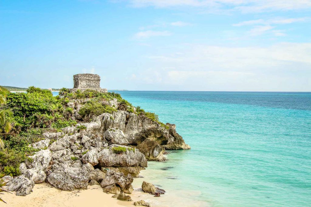 The beautiful Tulum Ruins on the Caribbean Sea coastline