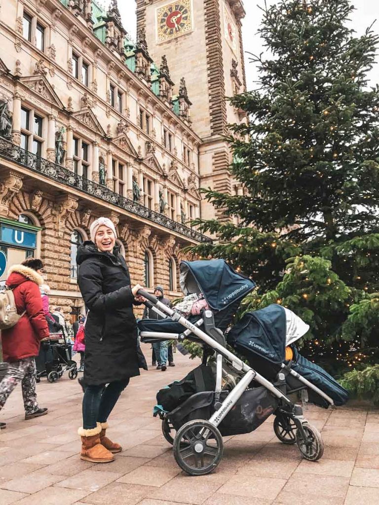 mom traveling with twins in double stroller