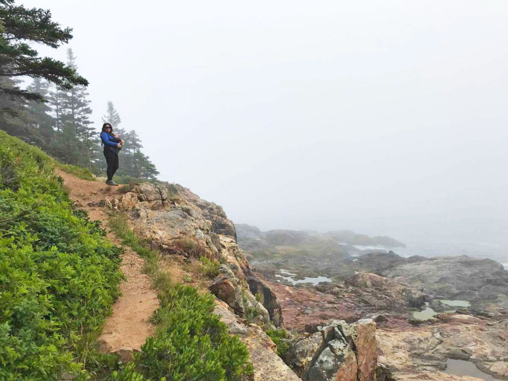 Hiking with baby in Acadia National Park near Sand Beach