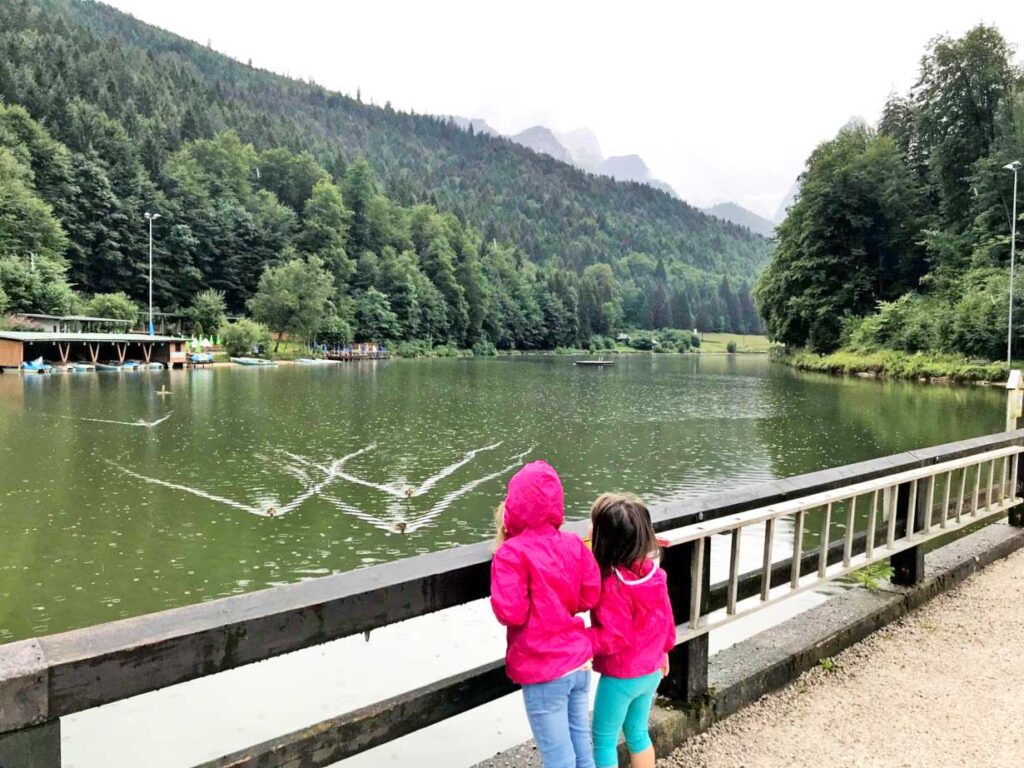 View of Lake Riessersee in Bavaria with a Toddler