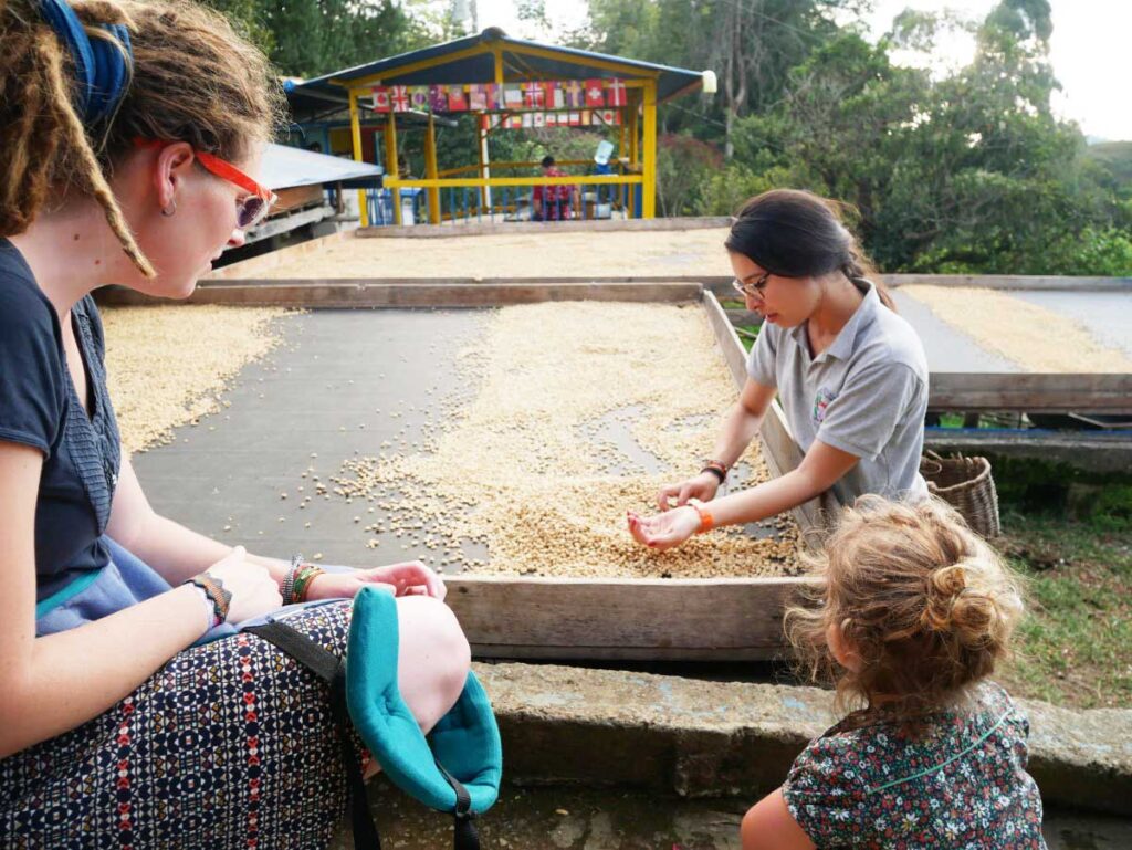 Las Acacias Coffee Farm in Colombia with a toddler