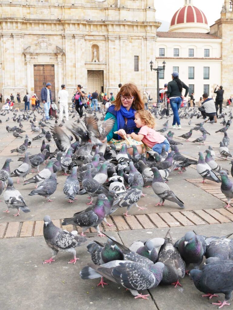 A fun thing to do in Bogota with a toddler is feeding pigeons at Plaza Bolivar