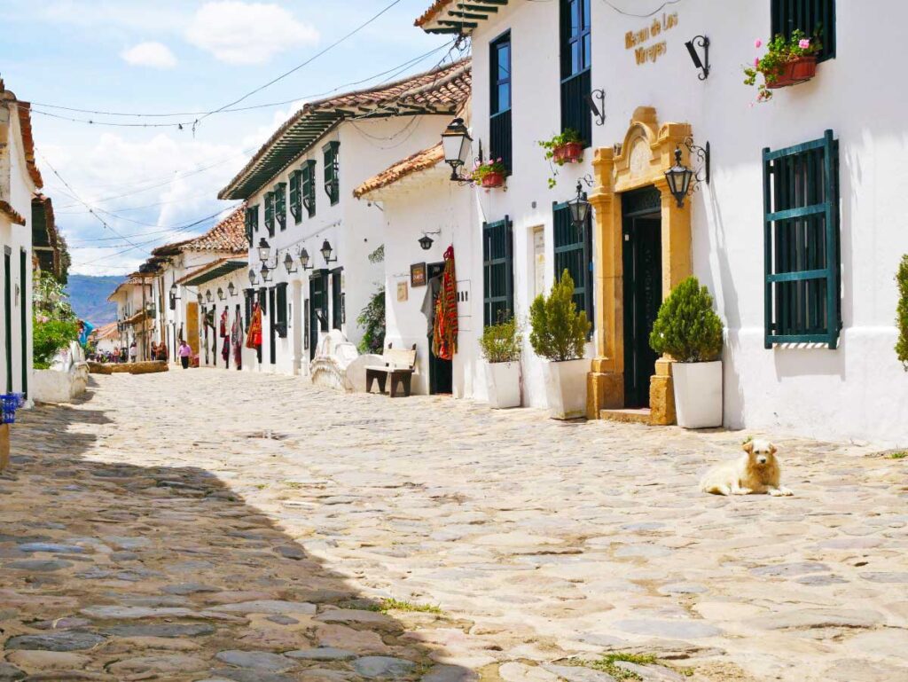 Cobblestone Street in Villa de Leyva in Colombia with kids