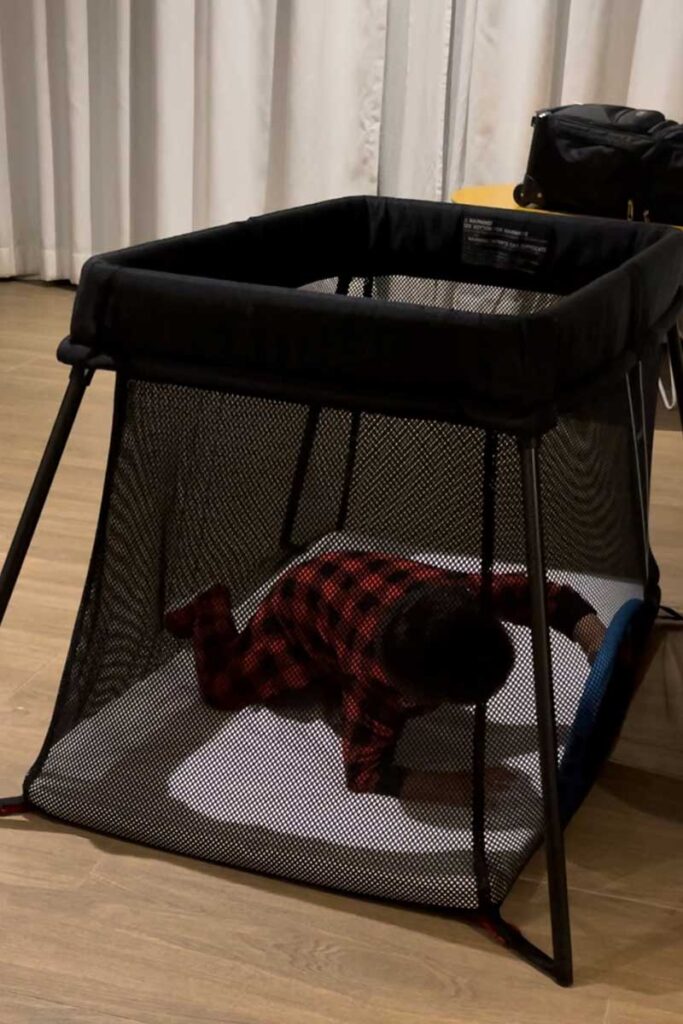 a baby plays in a BabyBjorn Travel Crib