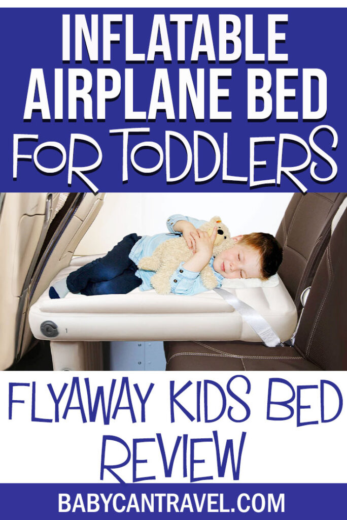 image of child on inflatable airplane cushion with text overlay of airplane bed for toddlers - Flyaway Kids Bed Review