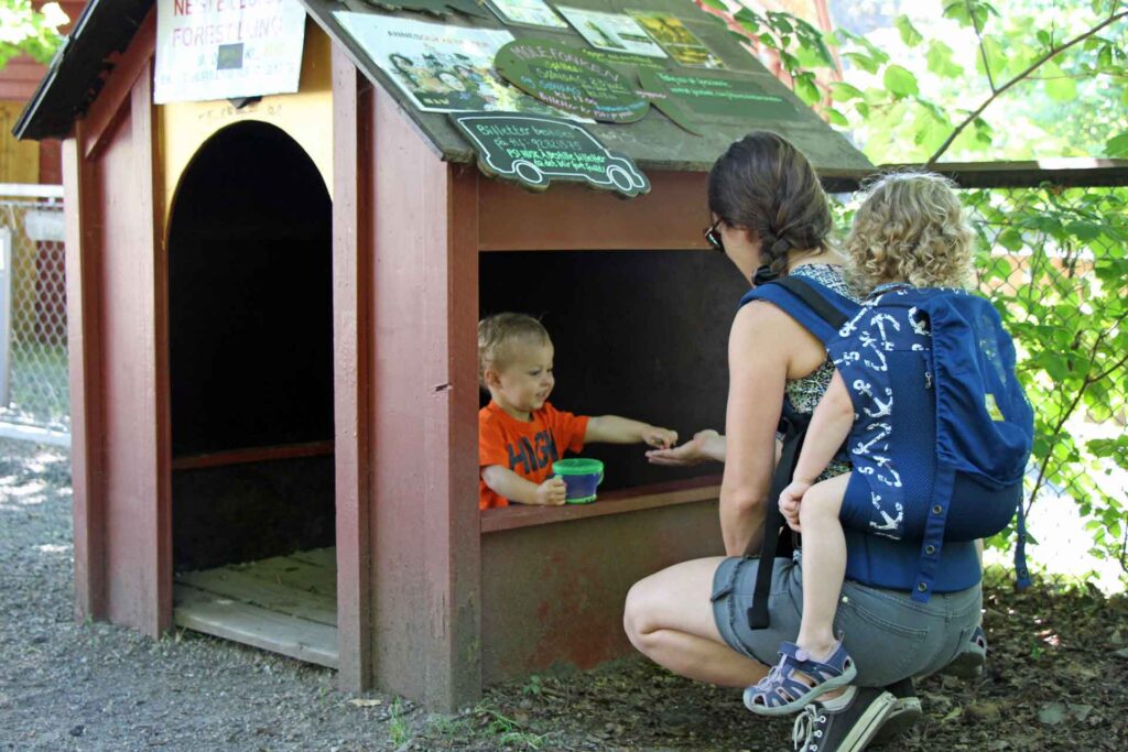 Celine Brewer, owner of BabyCanTravel.com, carries her preschooler in a Lillebaby carrier.