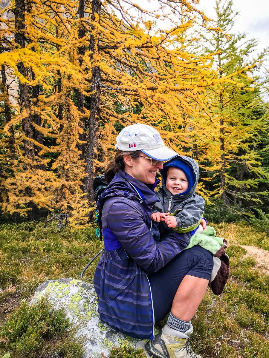 a happy mom holds her toddler while hiking near golden larch trees near Banff National Park in Canada