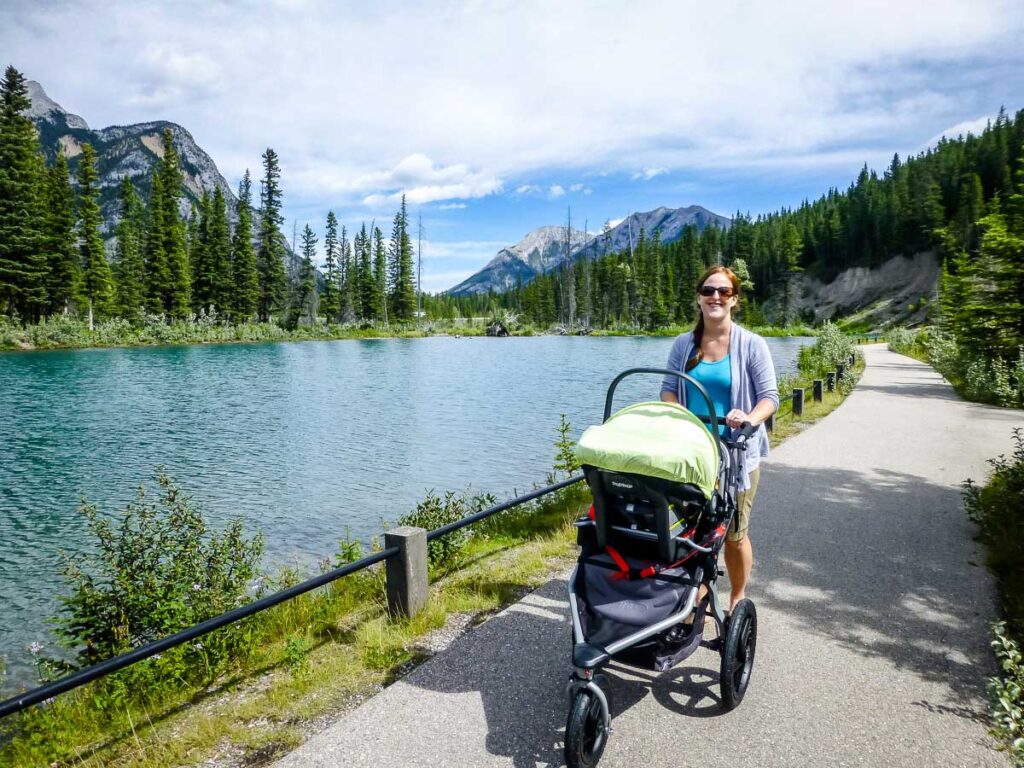 Celine Brewer, of the Baby Can Travel website, goes on a stroller-friendly hike in Kananaskis Country, Canada.