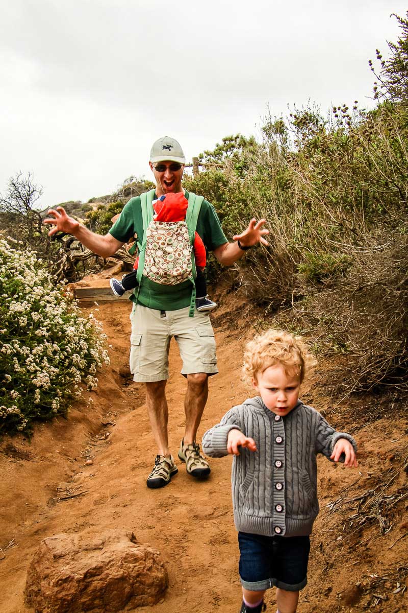 a Dad plays hiking games with toddlers in Torrey Pines park near San Diego, CA.