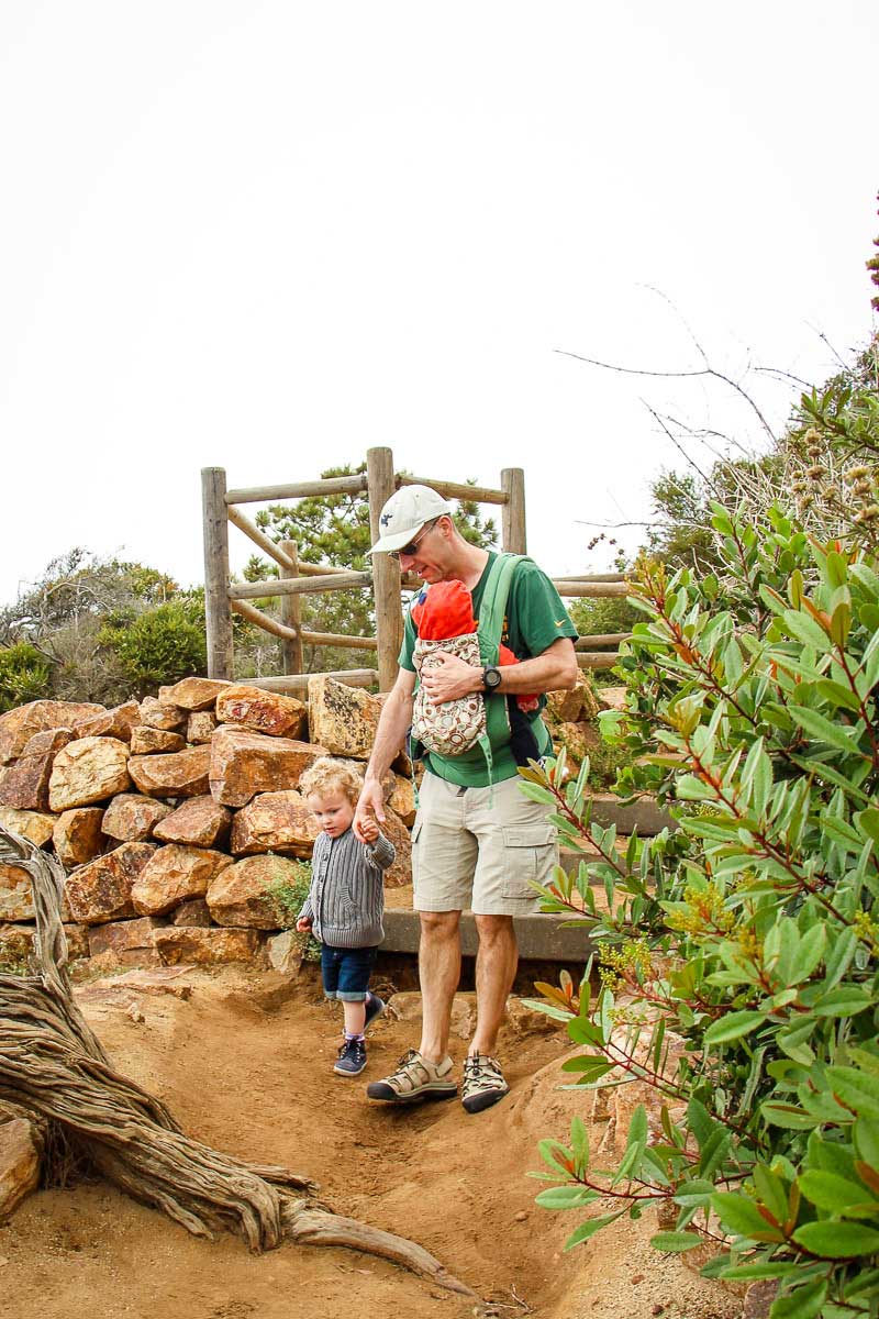 A father with his baby and toddler enjoy a fun kid-friendly hike at the Torrey Pines Natural Reserve just outside San Diego, CA.
