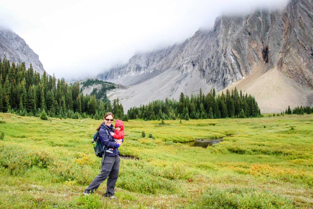 a mom goes hiking with babies in the Canadian Rocky Mountains