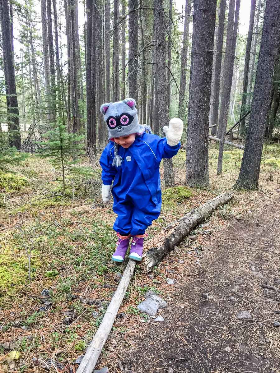 A toddler in a warm rain suit balances on a log while on an easy hike with her family.