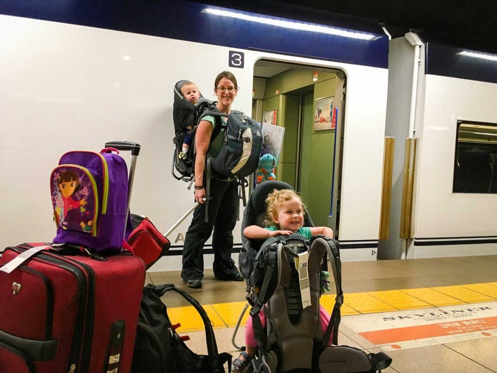 Celine Brewer, of the Baby Can Travel website, travels in Japan with her two children in Deuter Kid Comfort backpack carriers.