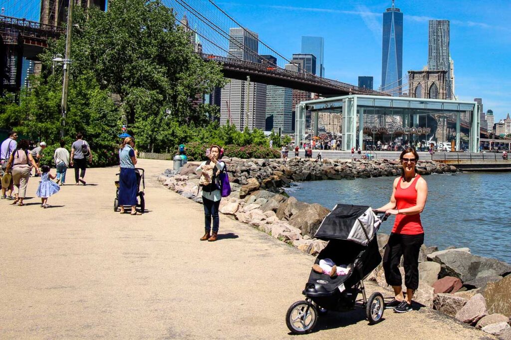 Walking through brooklyn bridge park with a stroller