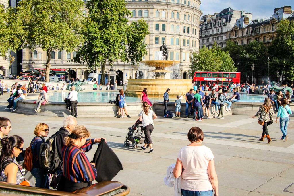 Trafalgar Square in London with stroller