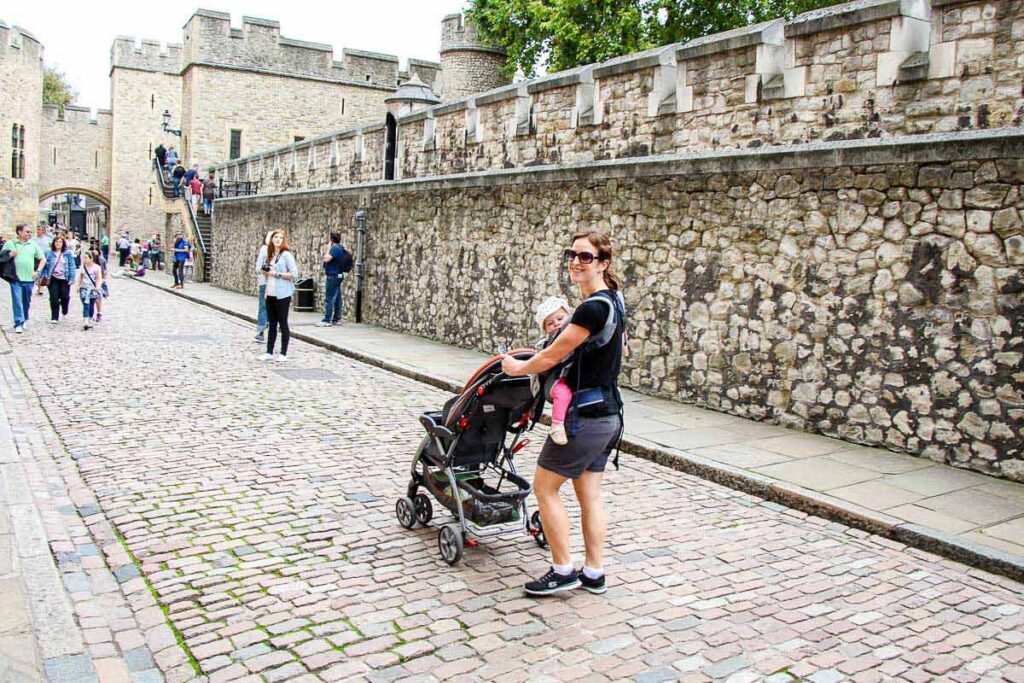 Celine Brewer traveling the world with her baby in London, England.