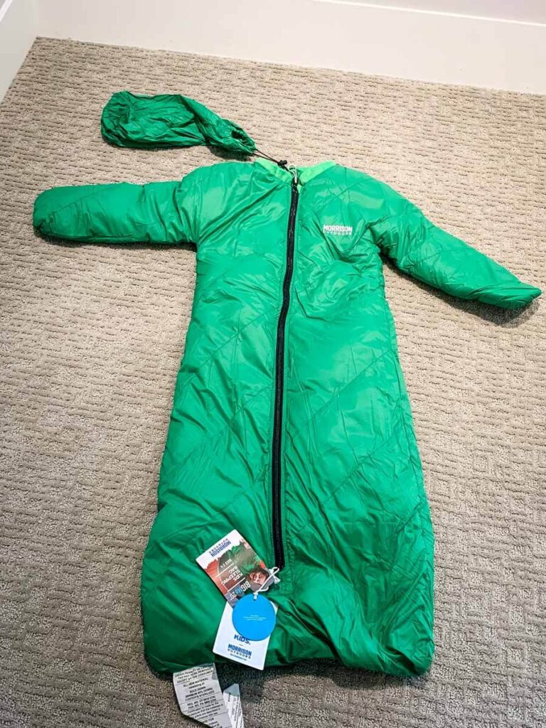 A green Morrison Outdoors Big Mo 20 Down Filled Toddler Sleeping Bag.