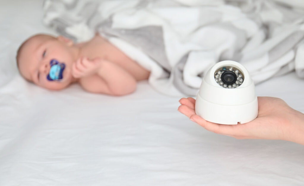 a mother holds a baby travel monitor with baby asleep in background.