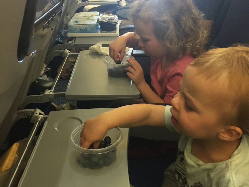 The kids from the BabyCanTravel.com family enjoy a snack of blueberries on an airplane.