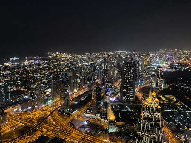 view of Dubai from Burj Khalifa at night