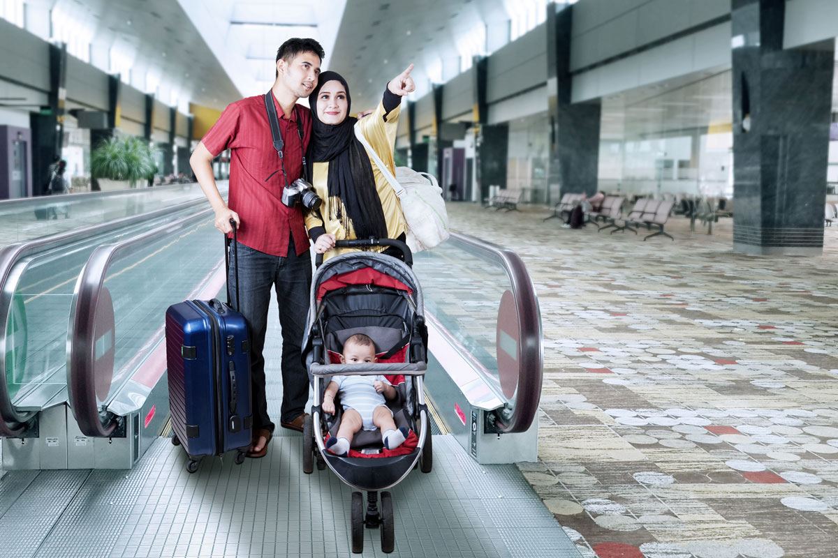 family flying with a stroller