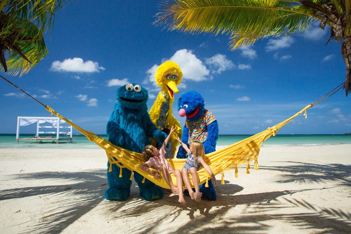 Cookie Monster, Big Bird and Grover visit with guests at Beaches Negril