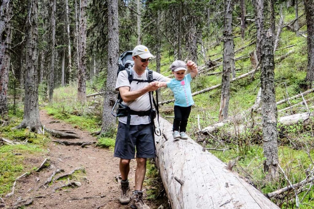 Dan Brewer, of Baby Can Travel, helps his toddler balance on a fallen tree while on a family hike in the mountains.