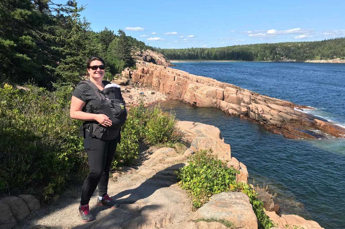 Hiking with baby in carrier in Acadia National Park