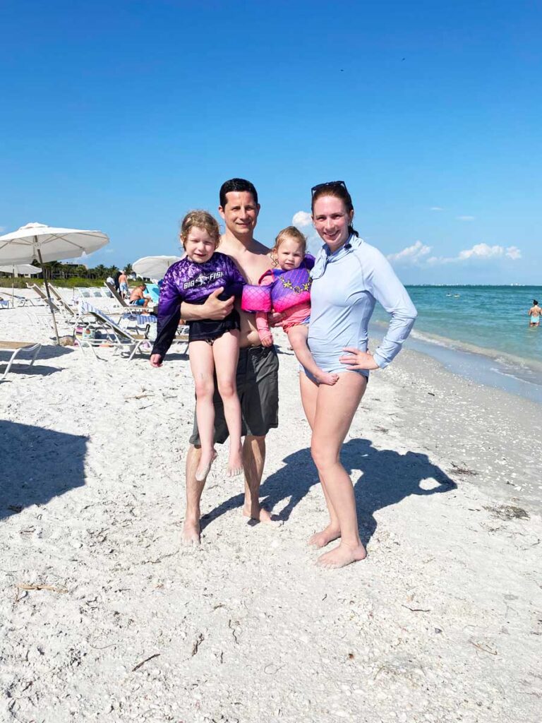 a family on vacation with a baby and toddler in Sanibel Island, Florida