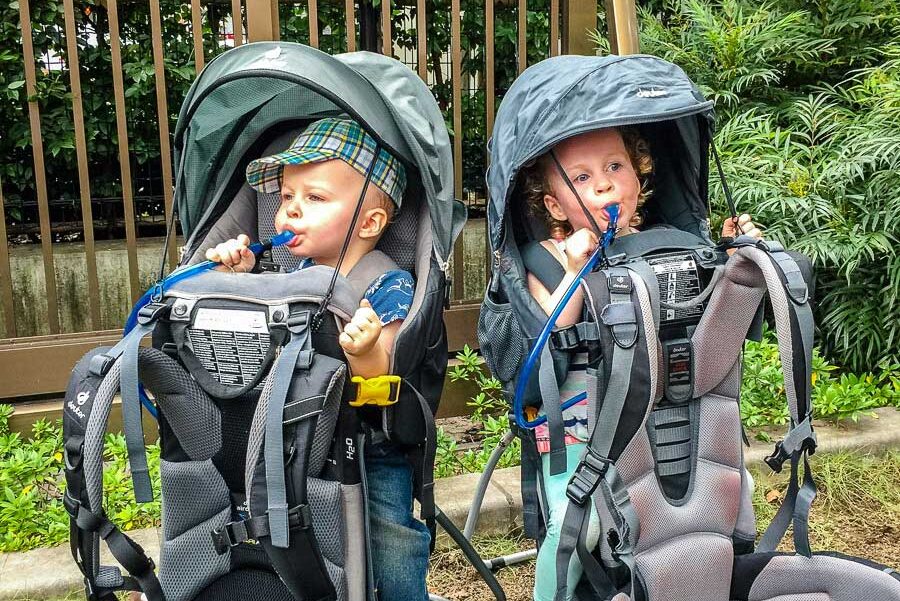 toddlers sitting in hiking backpack carriers for toddlers