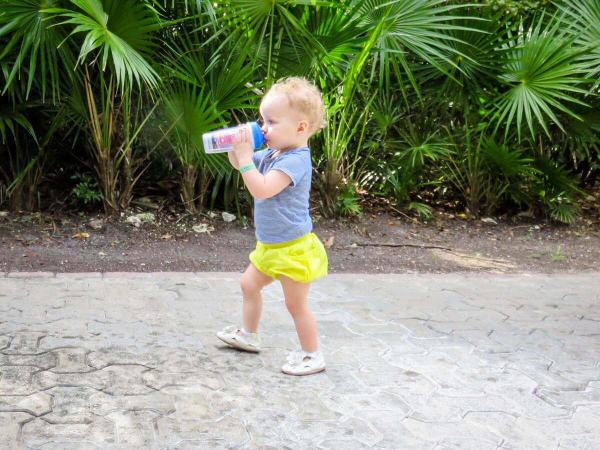 toddler walking drinking from sippy cup for travel