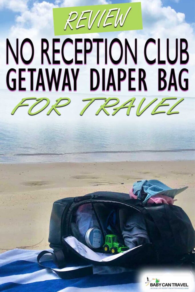 No Reception Club Getaway Bag on Beach with Text Overlay