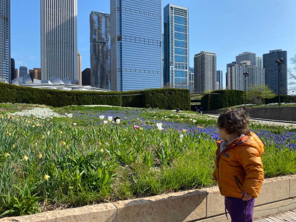 toddler in front of Lurie Garden Chicago