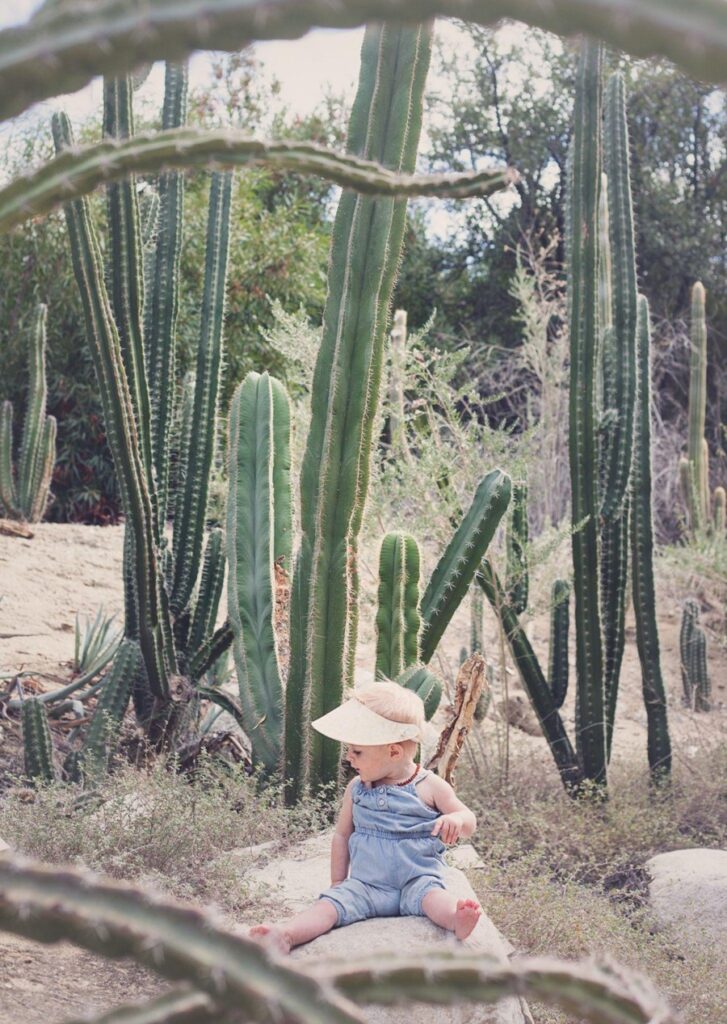 baby sitting in front of cactus at Moorten Botanical Garden and Cactarium in Palm Springs