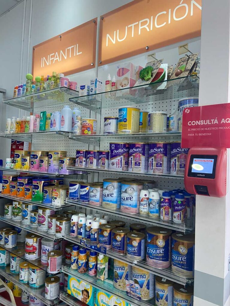 display shelf in grocery story of baby formula in Costa Rica