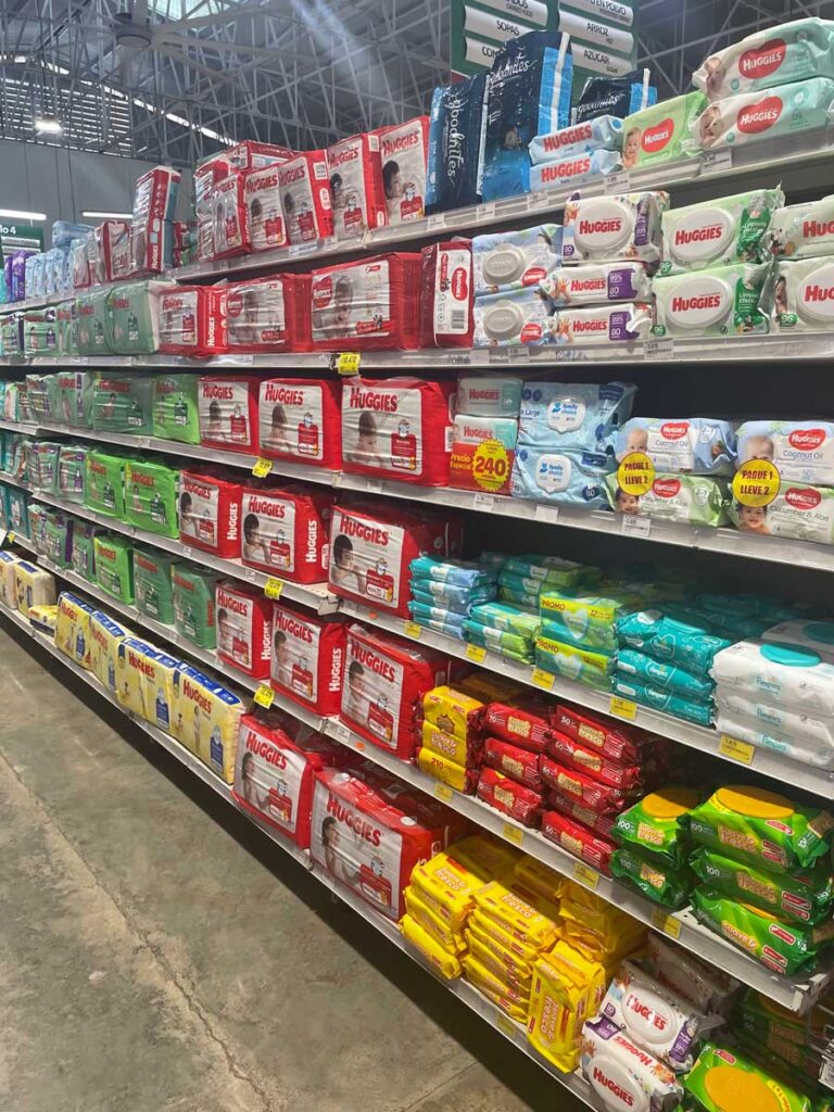 grocery store shelves of diapers in Costa Rica