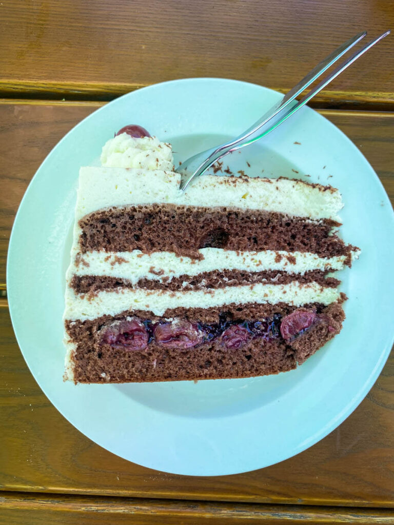 trying black forest cake during our road trip to Germany with a baby.