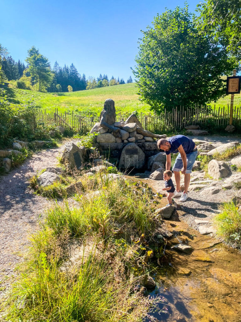 toddler playing along stream in Germany on a family road trip from Italy.